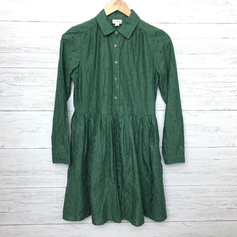 NEW J. Crew Women's Green Eyelet Dress Button Front Long Sleeves Lightweight 00